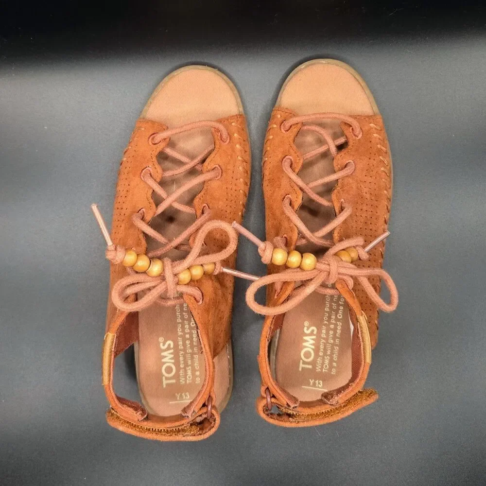 TOMS Kids Uma Suede Wedge Sandals Ginger Terracotta Lace Up Youth Size 13Y NWOT